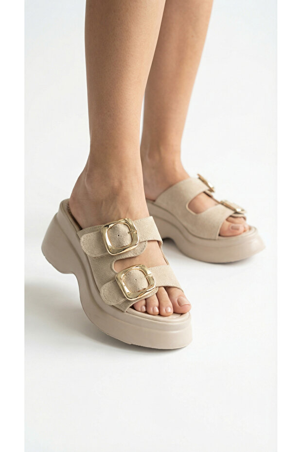 Double Buckle Detail High Wedge Heel Lu Suede Comfortable Women's Summer Slipper Sandals