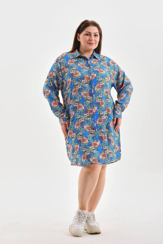 Large Size Floral Print Shirt Dress - Cobalt Blue