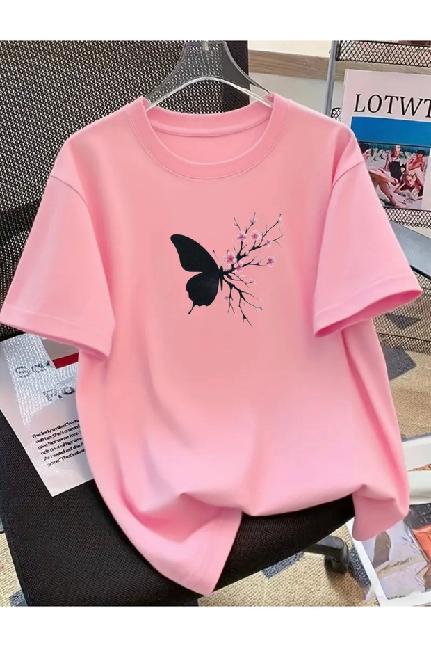 Unisex Women/Men Oversize Crewneck T-Shirt with Butterfly Sakura Flower Print
