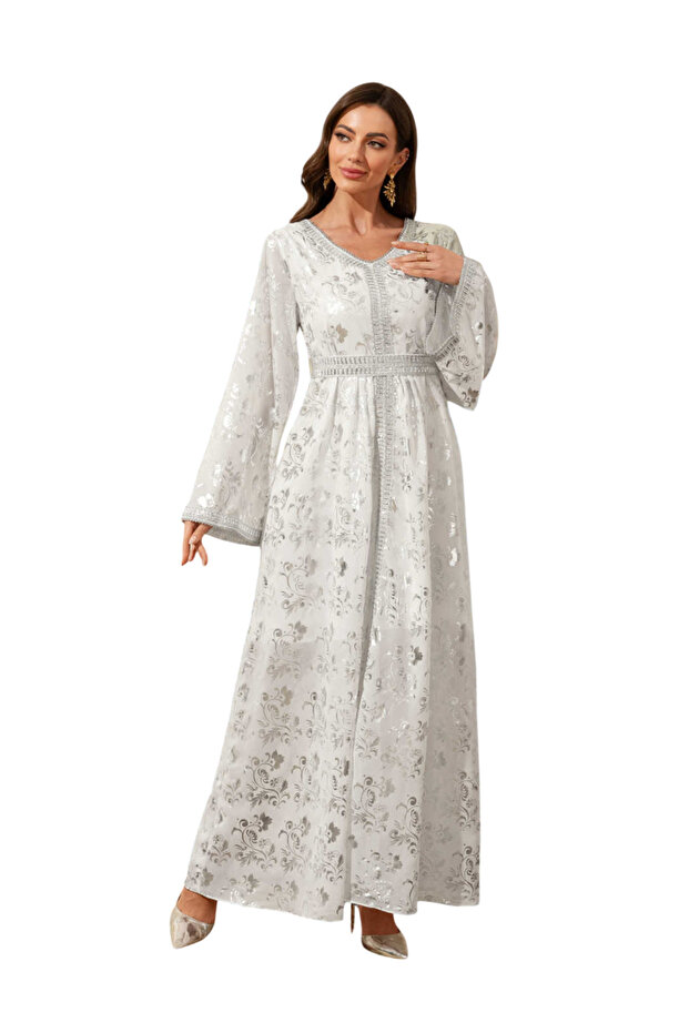 White and Silver Floral Jacquard Jalabiya