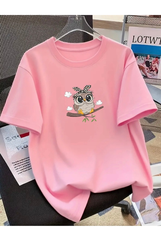 Owl Printed Unisex Women'S/Men's Oversize Crewneck T-Shirt