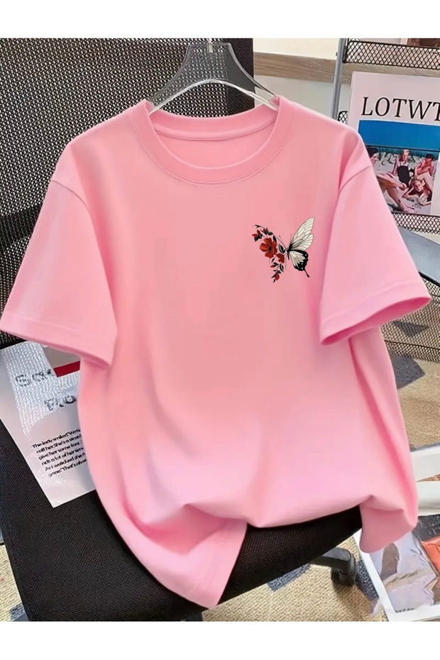 Flower Butterfly Pocket Printed Oversized Crewneck T-Shirt