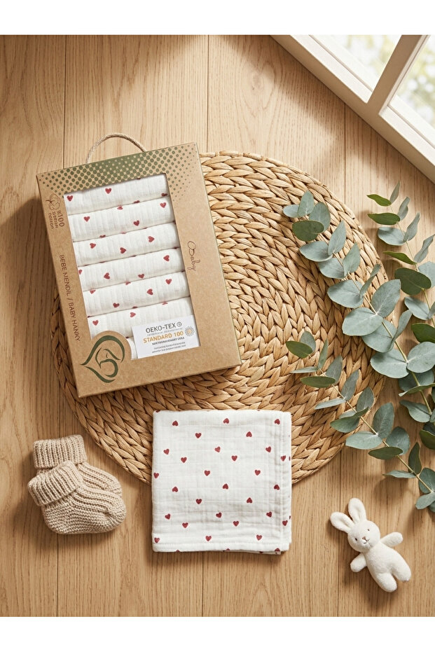 7-Pack of 100% Cotton Muslin Baby Mouth Wipes – Heart Patterned , Gift Set in Box