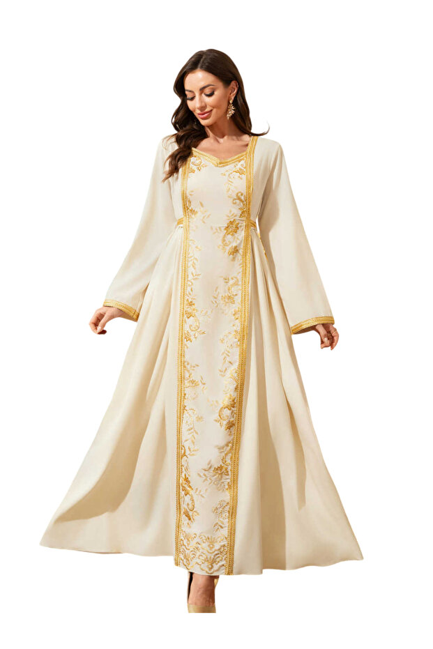 Cream and Gold Embroidered -Style Jalabiya
