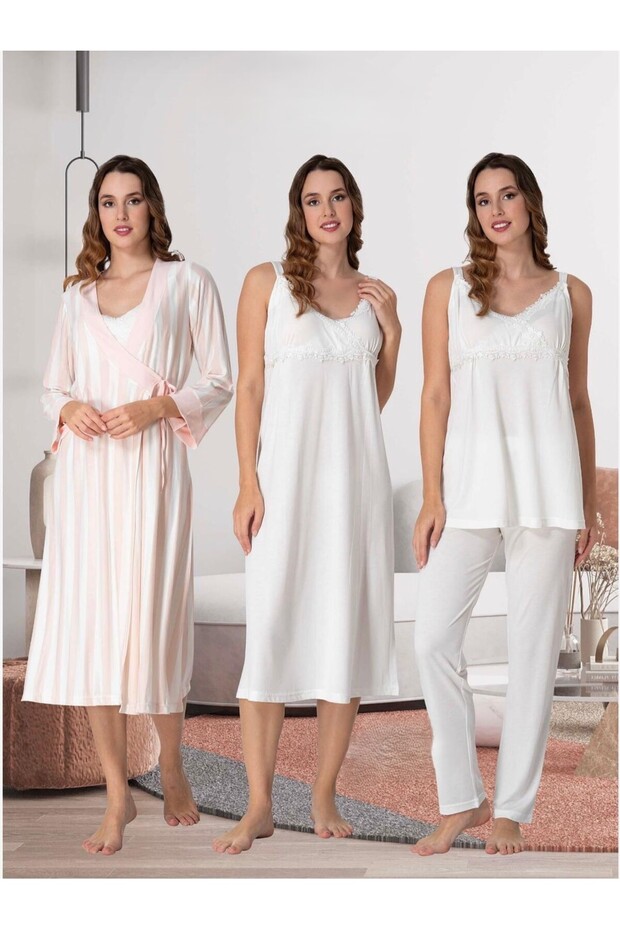 Women's Ecru Stripe Detailed Strappy 100% Cotton Maternity Pajama Set Nightgown 4-Piece Set