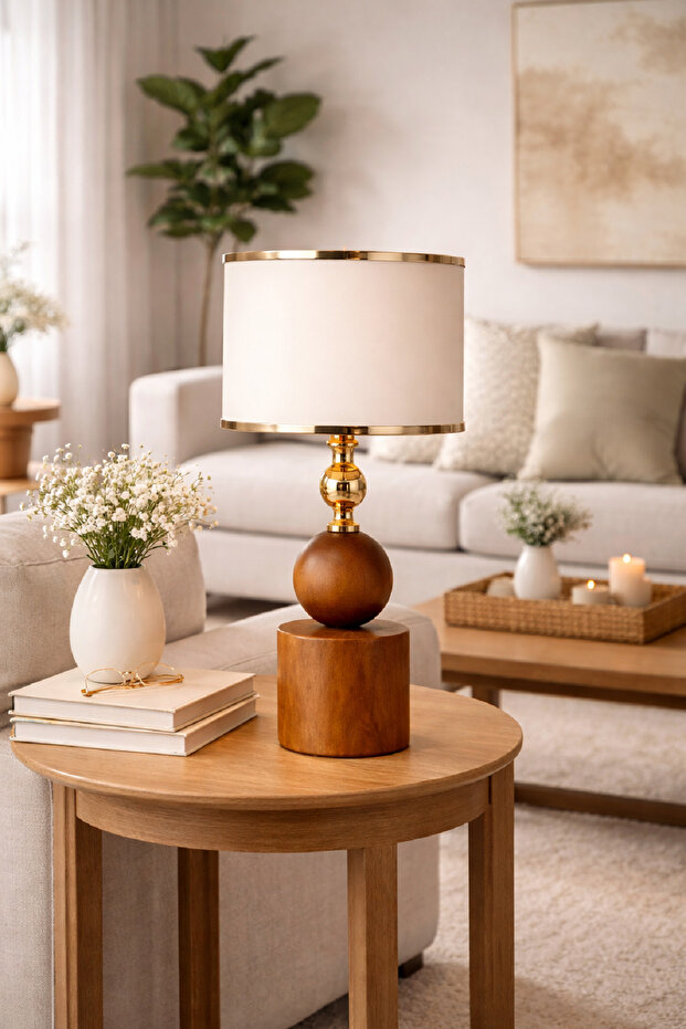 Table with Wooden Legs and Fabric Headboard, Bedside Table, Nightstand Lighting Lampshade