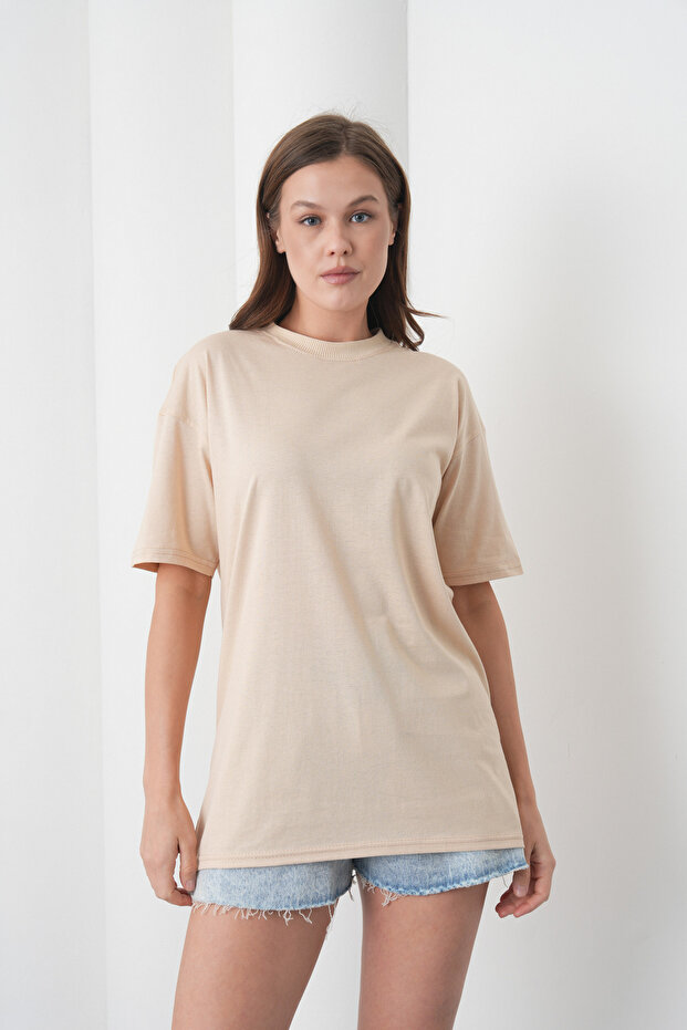 Acacia Women's 100% Cotton Beige Basic Round Neck T-Shirt