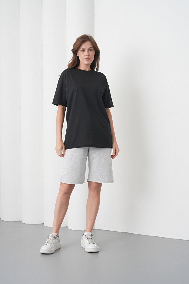 Women's Black Gray Cotton Piece Combed Cotton Short Sleeve Pocketed Shorts Set