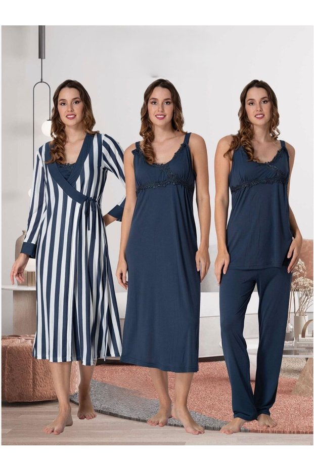 Women's Navy Blue Striped Detailed Strappy 100% Cotton Maternity Pajamas Set Nightgown 4-Piece Set