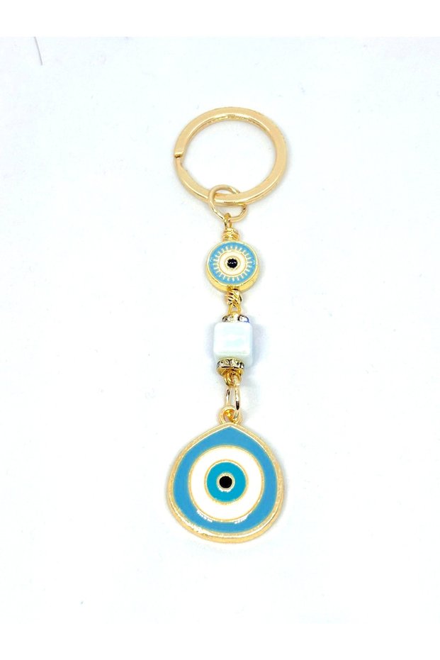 Light Blue Big Metal Keychain, Luck Keychain, Metal Evil Eye Bead Keychain