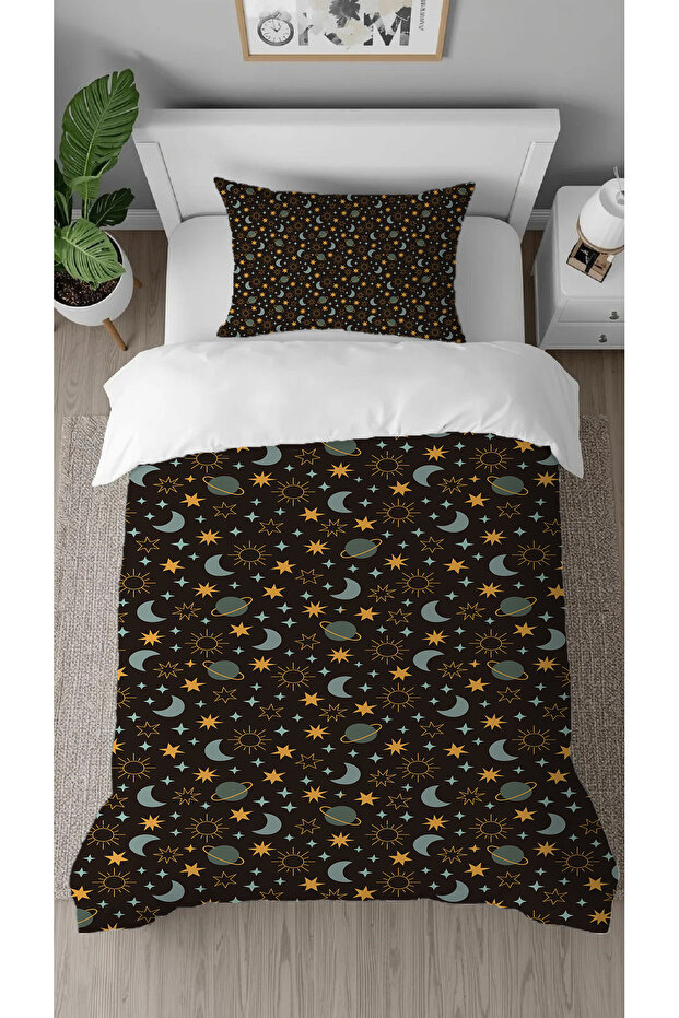Planet Space Star Patterned Digital Print Special Design Bed Sheet Stylish Single Duvet Cover Set