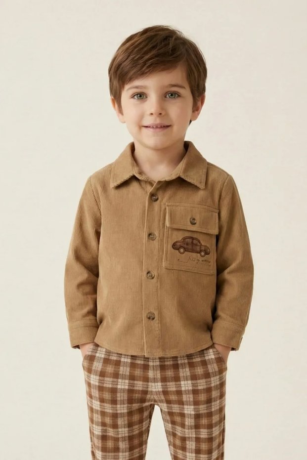Car Embroidered Baby Boy Shirt Corded Fabric Velvet - 100% Cotton Beige