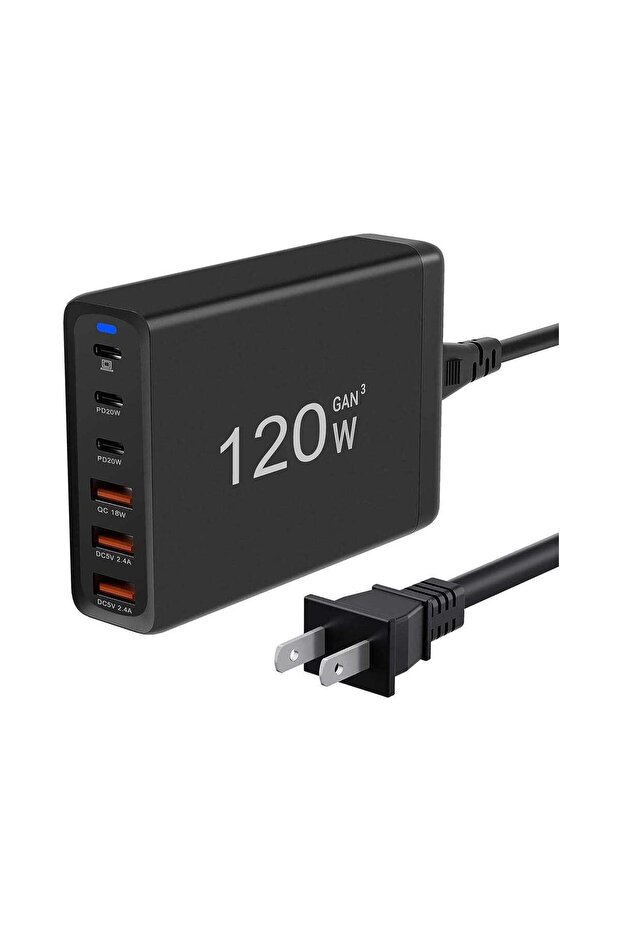 محول منزلي فائق السرعة بستة منافذ GaN3 طراز HA-701 - شحن متعدد الأجهزة USB-C/USB-A بتقنية PD
