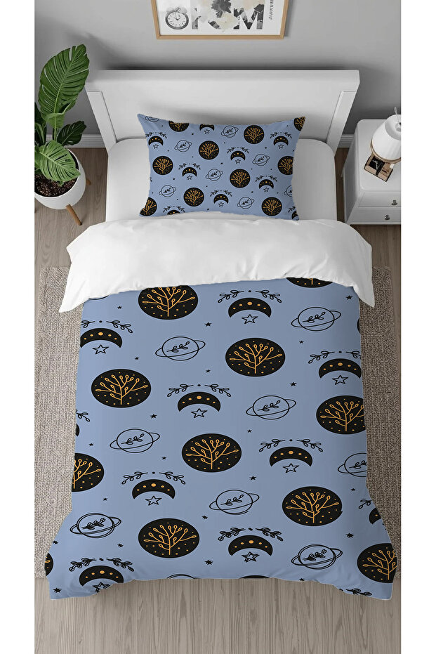Star Moon Planet Space Patterned Special Designed with Digital Print Pieces Bed Sheet Sız Single Duvet Cover Set