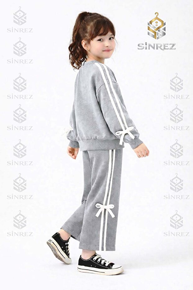 Girls' Zero-Collar Bowknot Ribbon Detail Trained Sweatshirt Set