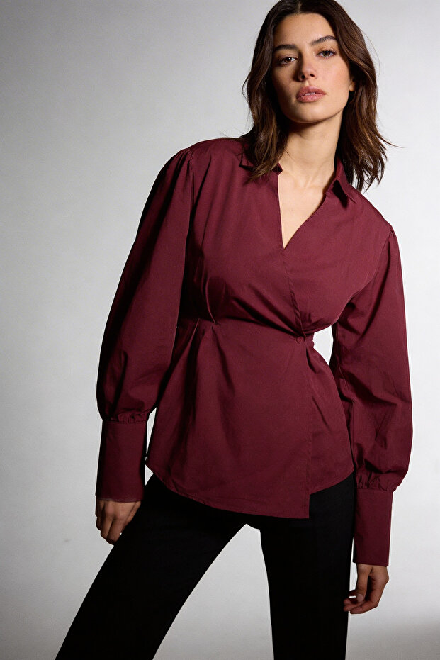 Wenta Slim Fit Battery Detail Double-Breasted Single Button Long Sleeve Women's Shirt - White