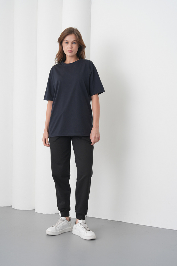 Women's Navy Blue-Black Cotton Pack Crew Neck Sweater Pocketed Jogger Pants Top and Bottom Set