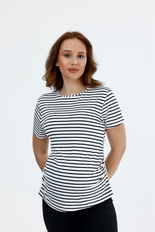 Maternity Short Sleeve Striped Pattern T-Shirt, Lycra Pieces of Viscose Fabric