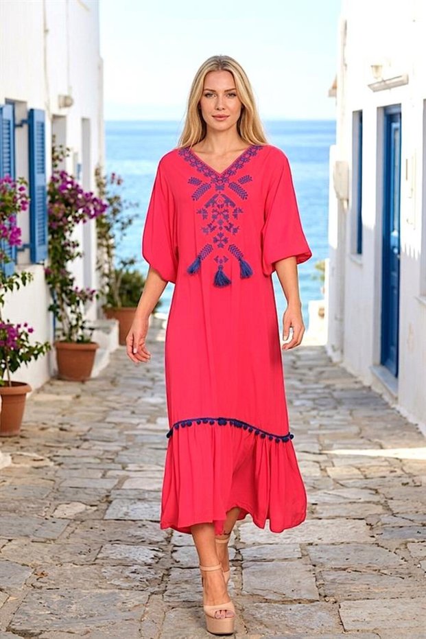 Fuchsia V-neck Front Embroidered Tassel Skirt Ruffle Pompom Long Dress