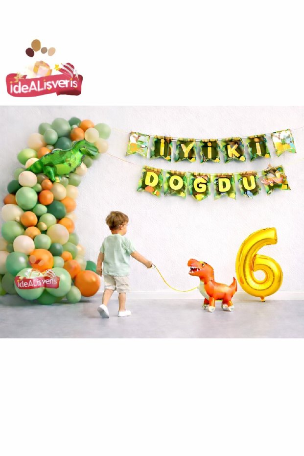 Jurassic Adventure Dinosaur Birthday Party Concept Set Ornament Walking Dinosaur with Gold Number Balloon