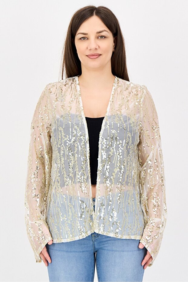 Women Embellished Open Front Long Sleeve Blouse, Beige