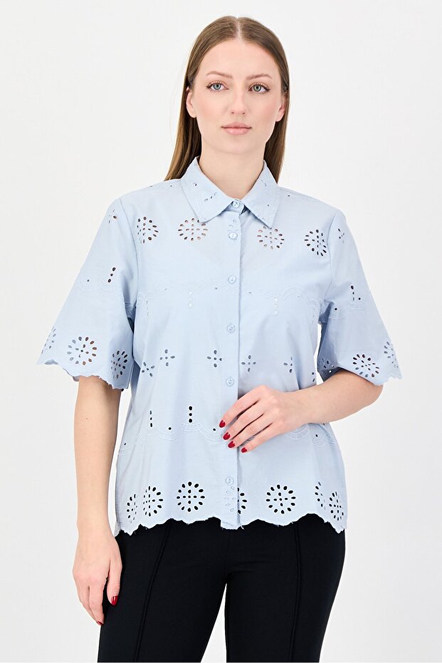 Women Spread Collar Short Sleeve Textured Shirt, Light Blue