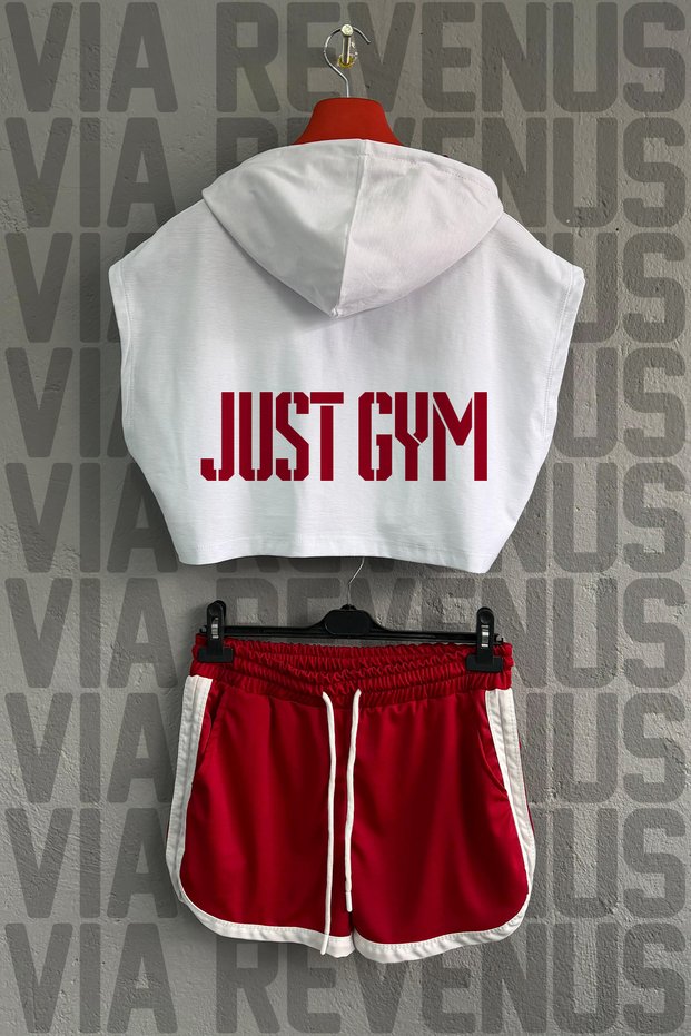 Just Gym %100 Cotton Hooded Zero Sleeve Cropped and Special Jersey Fabric Shorts Women's Sports Set