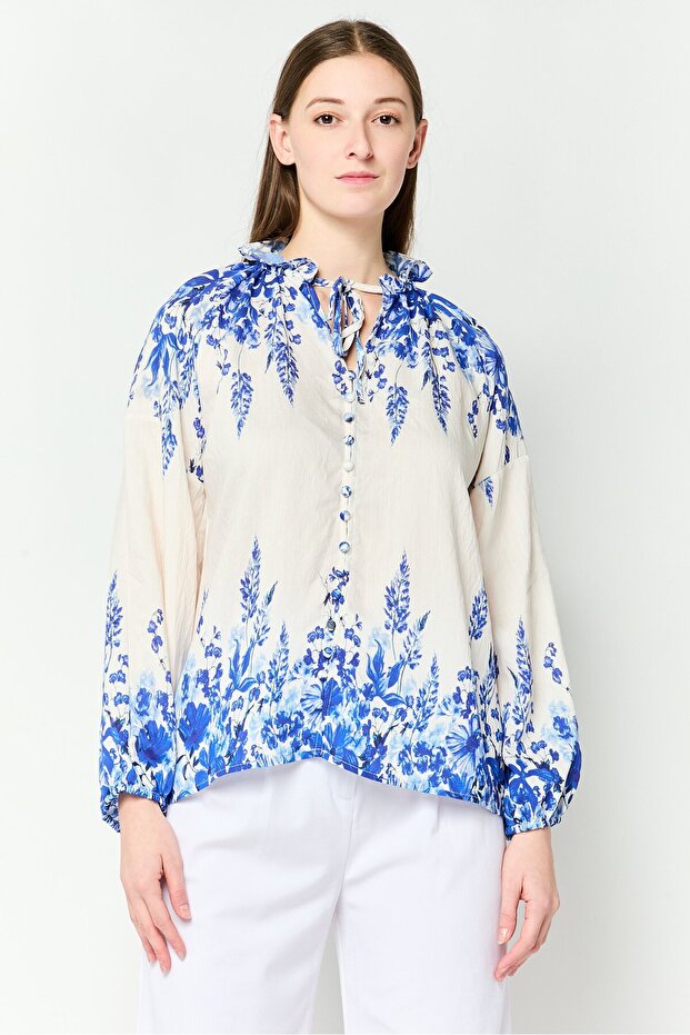 Women Tie Neckline Long Sleeve Floral Print Blouse, Multicolor