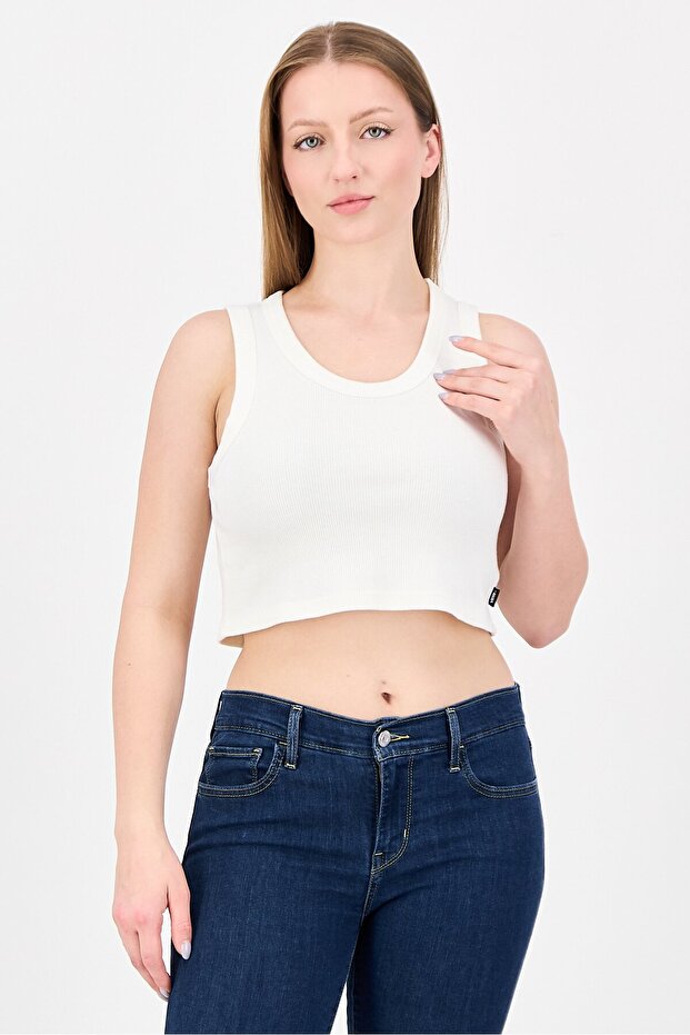 Women Crew Neck Sleeveless Ribbed Tank Top, Off White