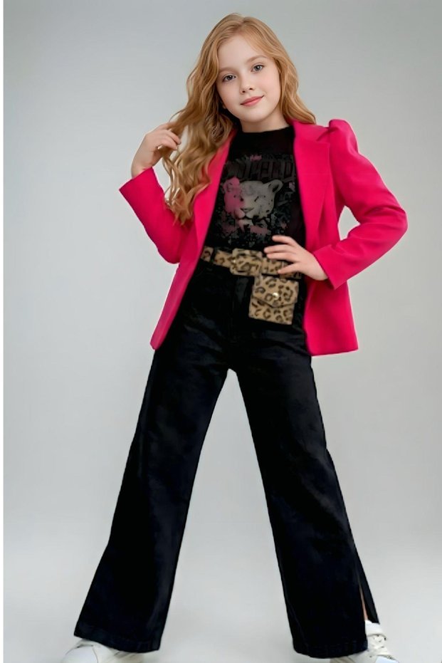 Girl's Leopard Detailed T-Shirt and Slit Wide Leg Denim Pants with Fuchsia Blazer Jacket