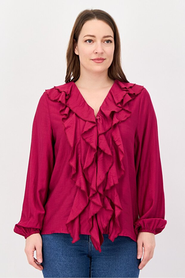 Women V-Neck Long Sleeve Solid Blouse, Fuchsia