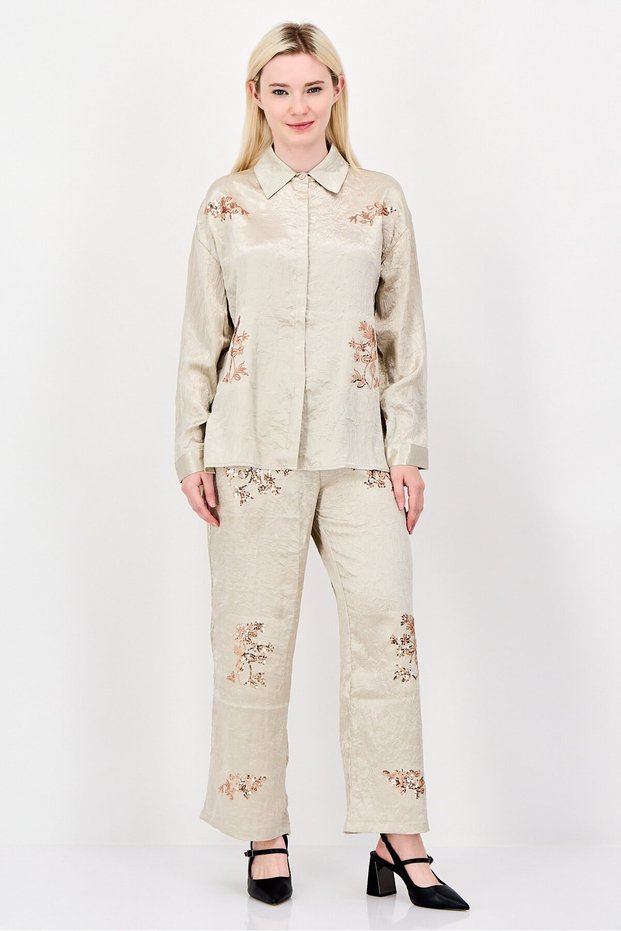 Women 2Pcs Pointed Collar Long Sleeve Embellished Detail Shirt And Bottom Set, Beige