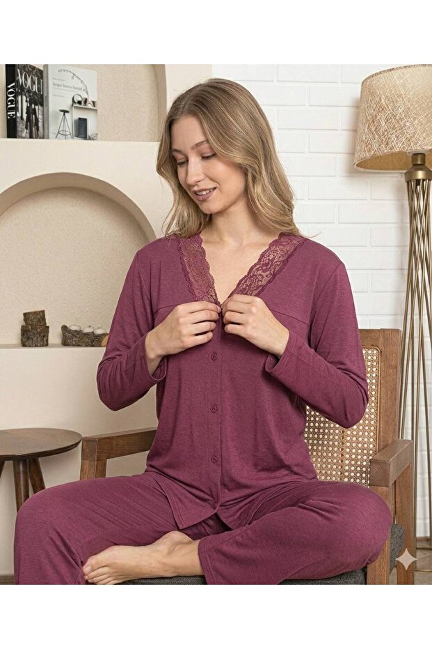 Lace Detailed Viscose Button Pajama Set