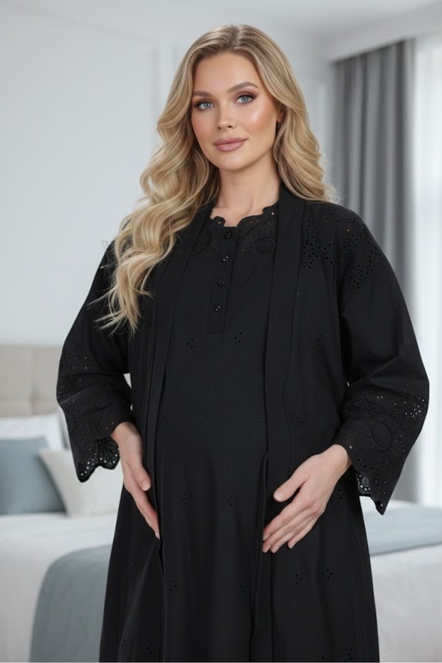 New Season Black Short Sleeve Linen Eyelet Embroidery Piece Design 100% Cotton Summer Maternity Maternity Dressing Gown Nightgown Set