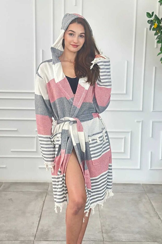 Bohemian Striped Tasseled Unisex Peshtamal Robe - Pool and Beach Robe - Hooded