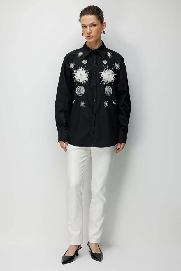 İşlemeli Oversize Pamuk Gömlek - 5