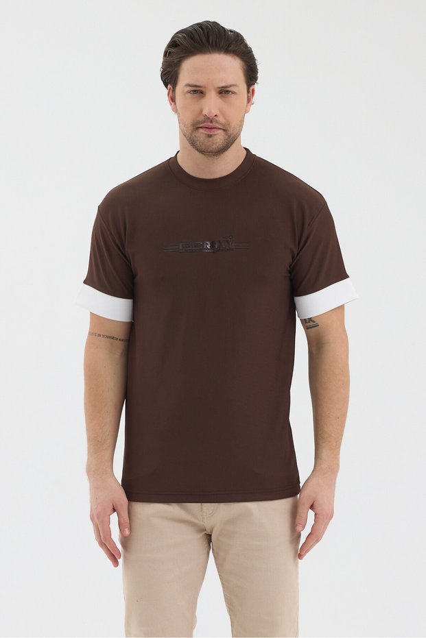 Men's Brown Jacquard Fabric White Thick Stripe Sleeve Detail Printed Slim Fit T-Shirt