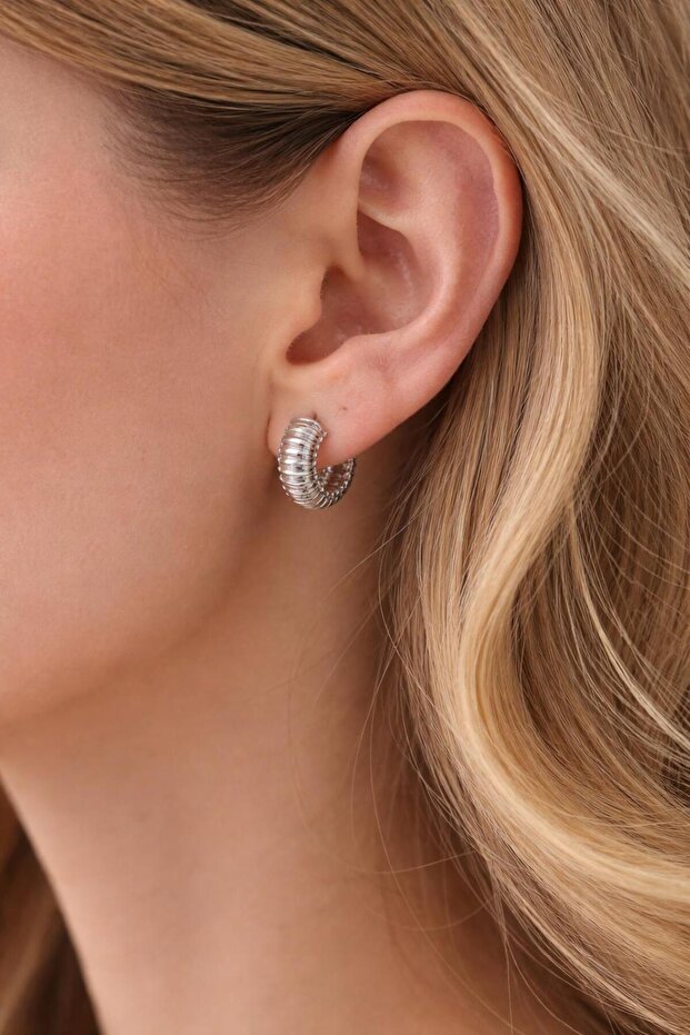 Silver Ribbed Steel Hoop Earrings