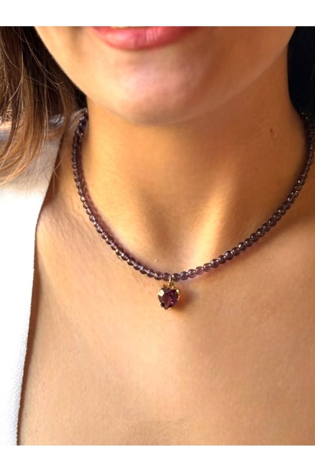 Gift for Lover Purple Natural Stone Heart Necklace and Steel, Elegant and Lightweight
