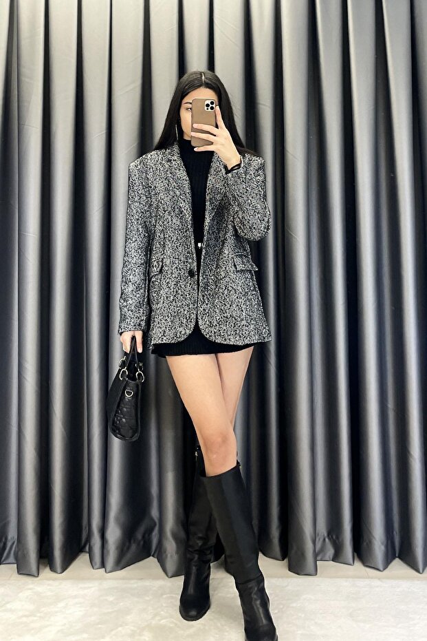 Double-Breasted Collared Herringbone Blazer Jacket - Gray Gray