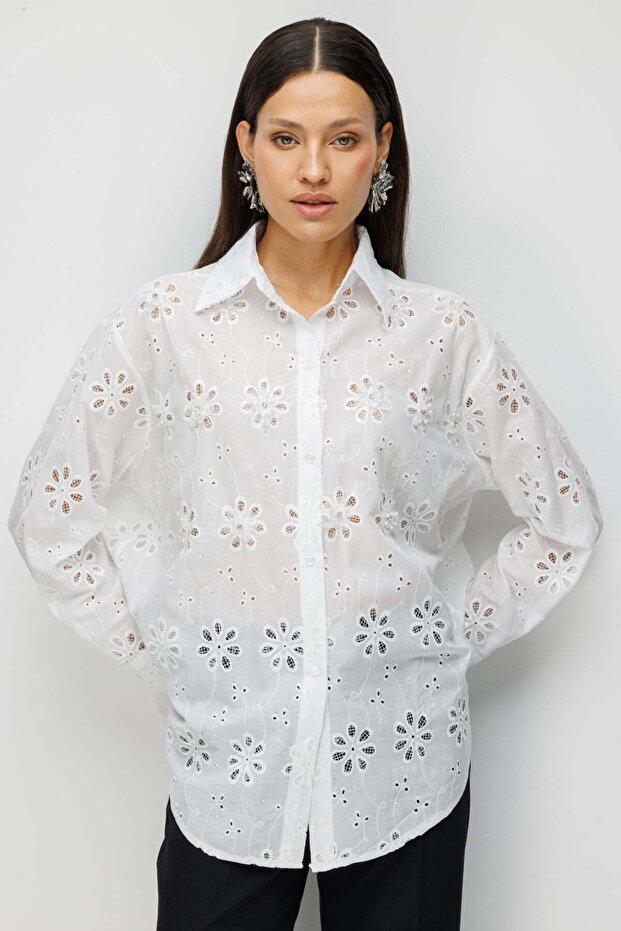 Çiçek İşlemeli Pamuklu Gömlek - 3