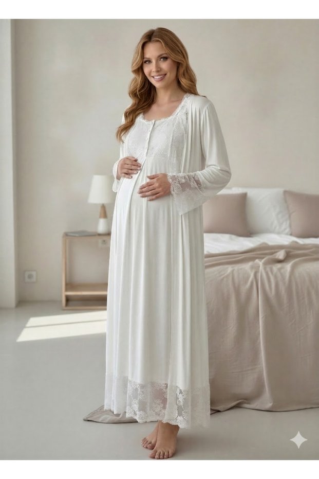 Women's Ecru Lace Piece Maternity Nightgown Set with Dressing Gown