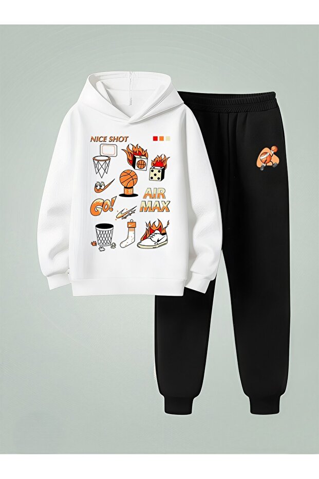 Boy's Hooded Set Basket Toplu Printed 3 Yarns Ş Brushed Inside Sweatshirt - Tracksuit Set