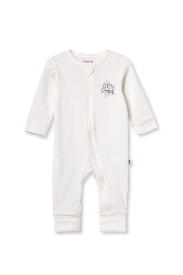 100% Organic Cotton , Rib Knit Zippered Baby Rompers–Little Prince Printed Long Sleeve, Newborn and Infant