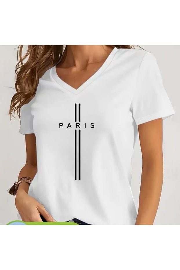 Printed T-Shirt. Short Sleeve V Neck Summer & Spring Casual Top, Women's Clothing