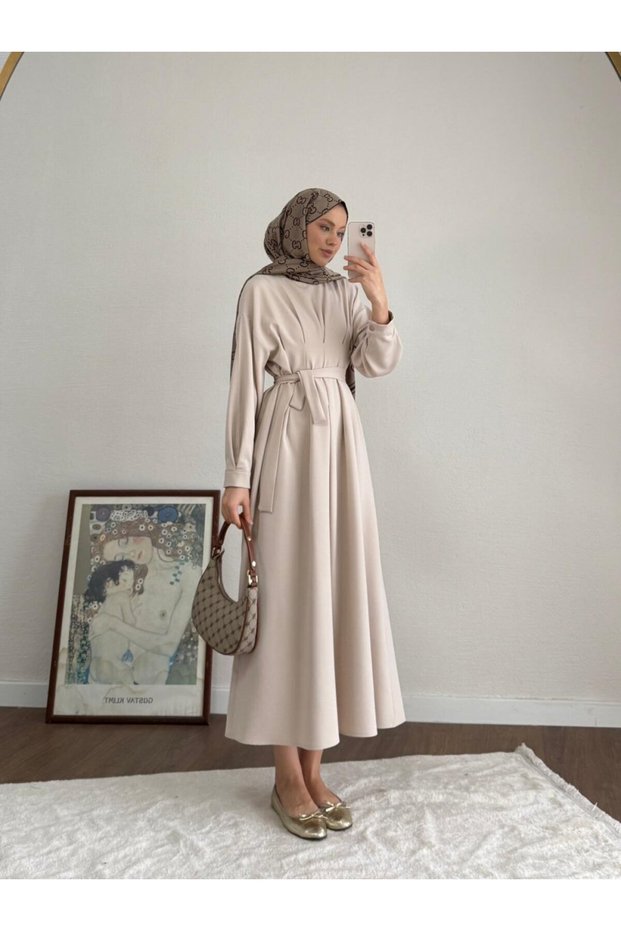 Women's Double Fabric Dress with Pockets - Light Beige