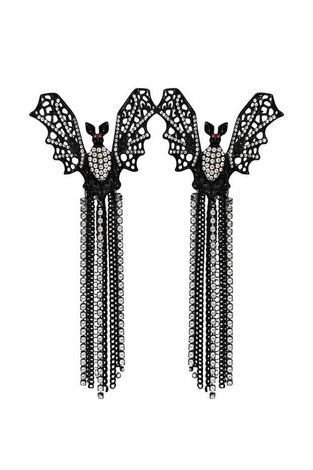 Zircon Stone Black Bat Figured Long Dangle Earrings – Chain Detail Gothic Design