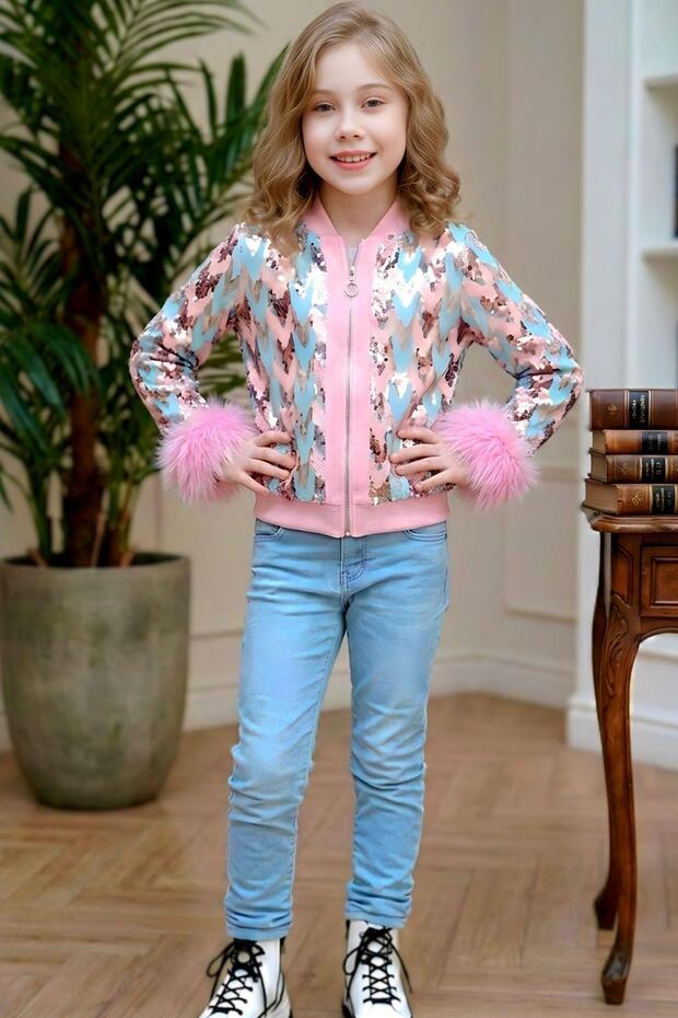 Girl's Sequined Zigzag Patterned Fur-Trimmed Jacket and Denim Trousers Pink Bottom Top Set