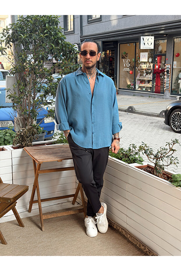 Oversize Basic Modal Gömlek Mavi - 2