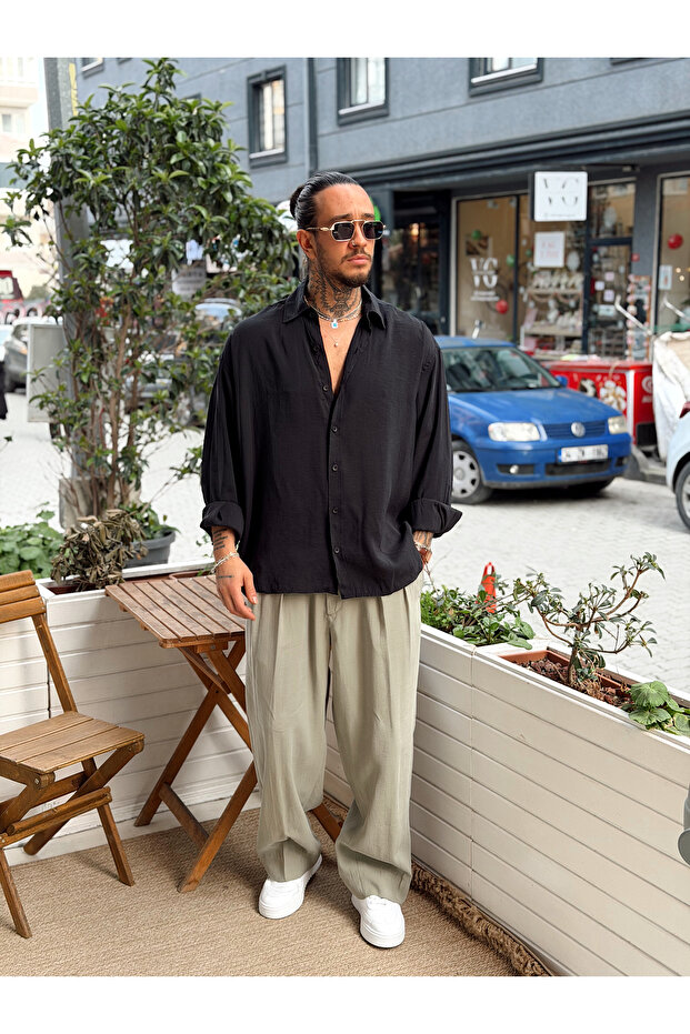 قميص أوفر سايز بيزك قماش مودال أسود - 2